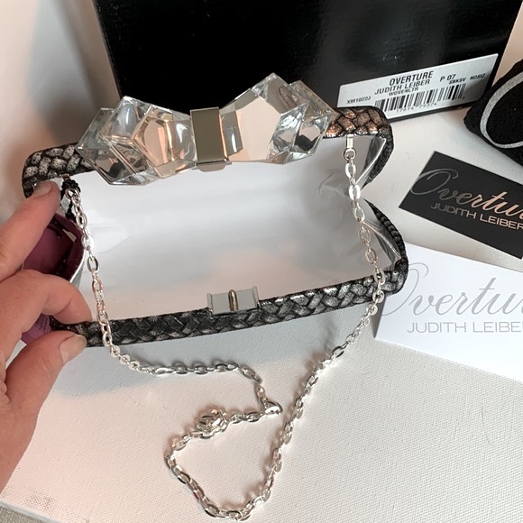 Judith Leiber Overture Hard Shell Woven Silver Black Leather Lucite Bow Clutch - Picture 5 of 16